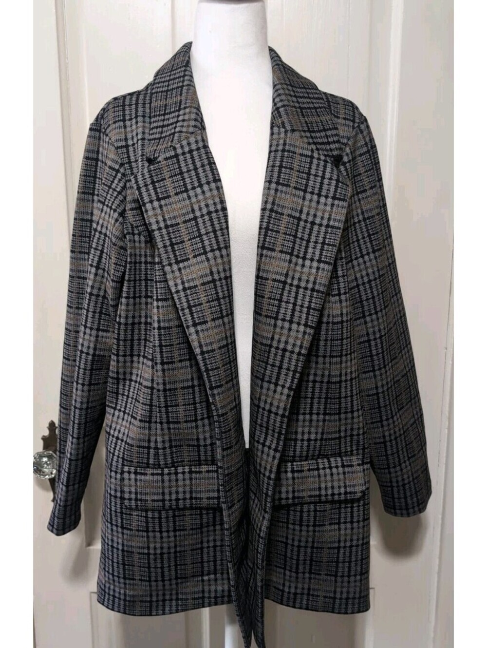 Liverpool Los Angeles Grey Glen Plaid Open Front Knit Blazer Jacket Womens 2X(C)